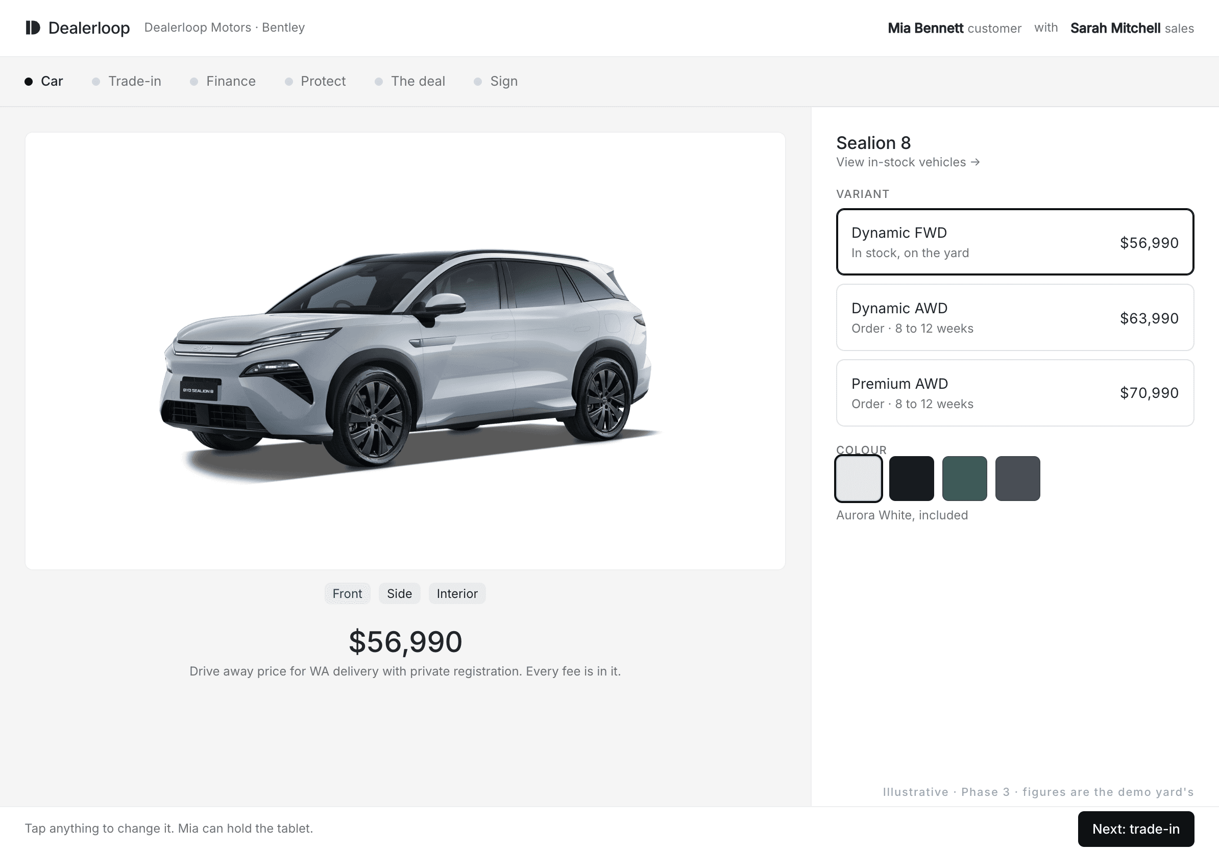 The Sealion 8 in Aurora White on the configurator screen.