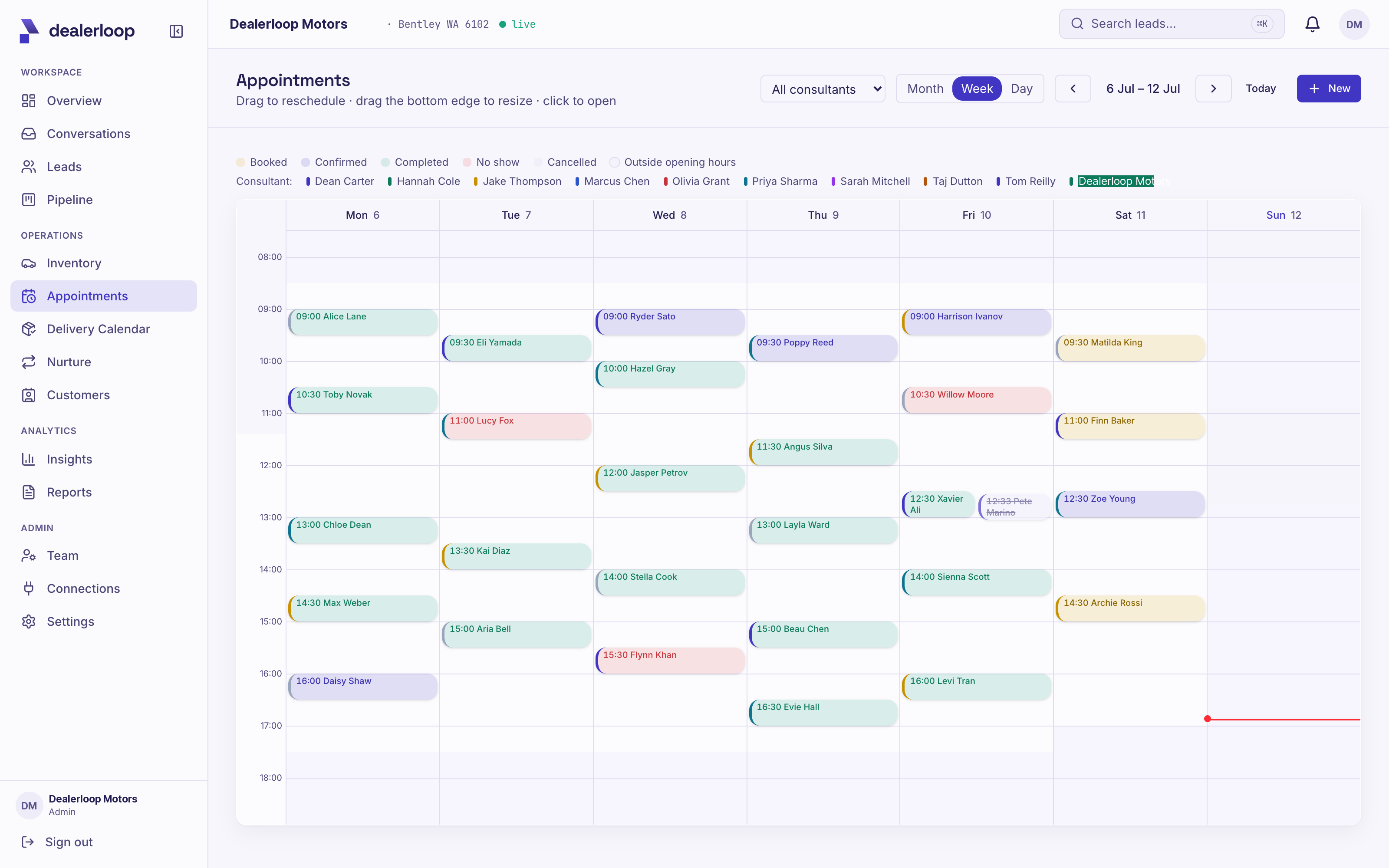 The appointments calendar with booked test drives assigned to consultants