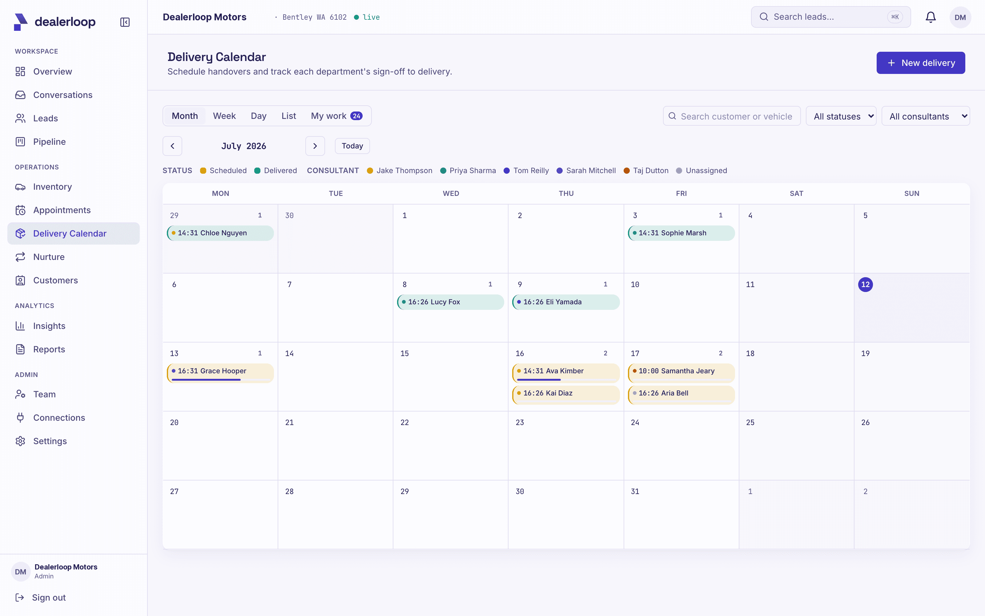 The delivery calendar showing scheduled, ready and delivered handovers colour-coded by progress