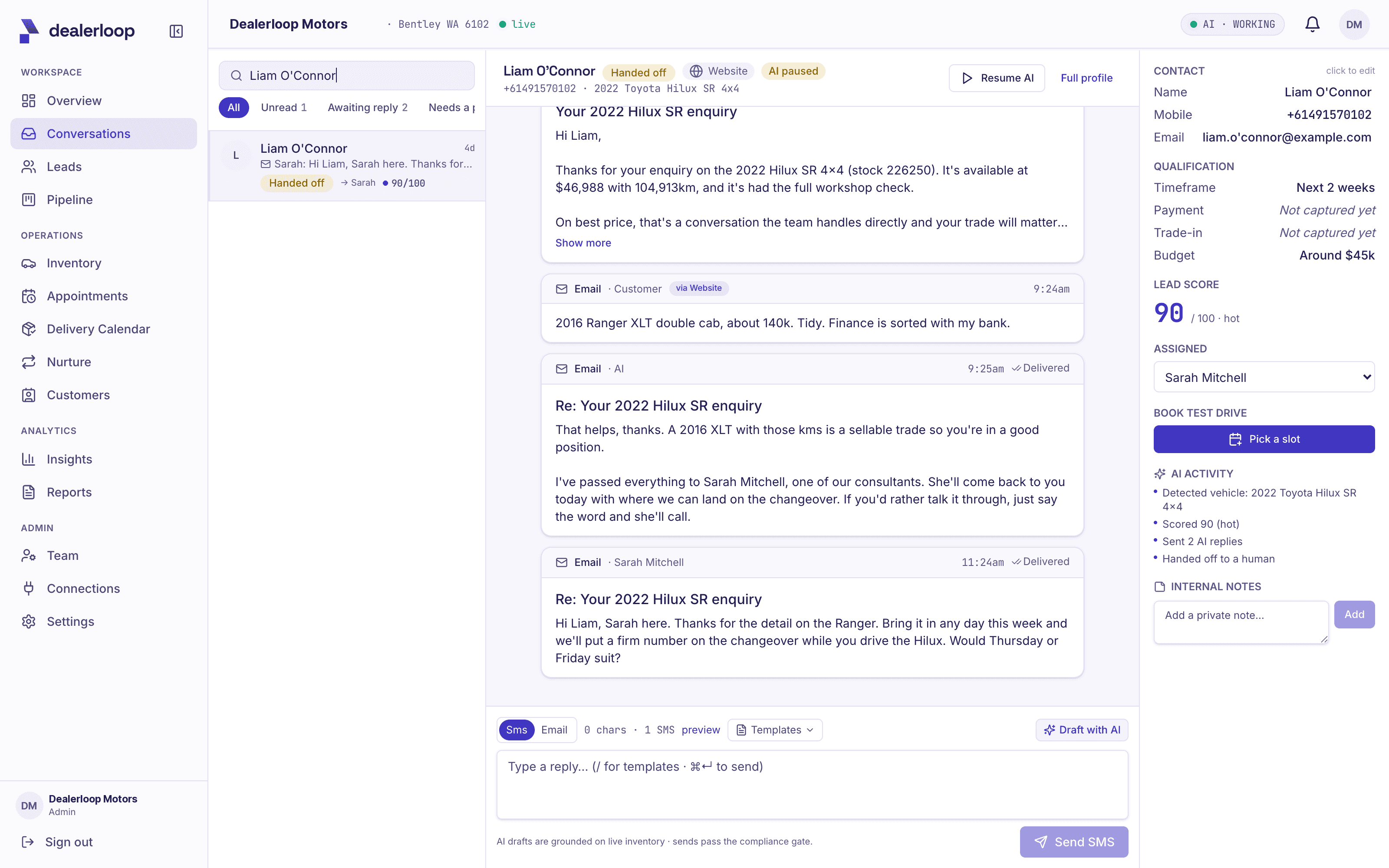 A conversation handed from the AI to a named consultant, who continues in the same thread
