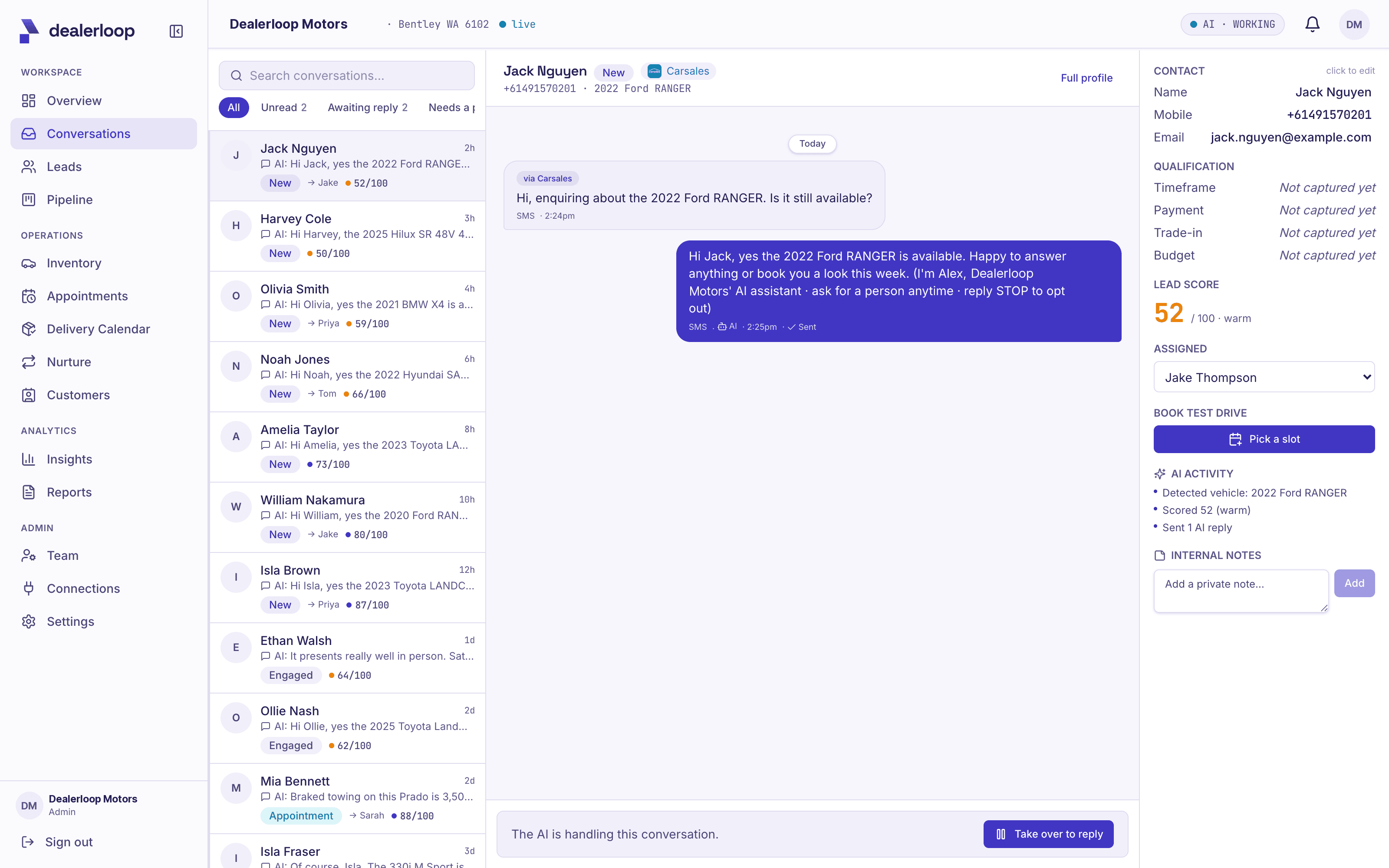 Dealerloop shared inbox showing SMS and email conversations from multiple lead sources in one list