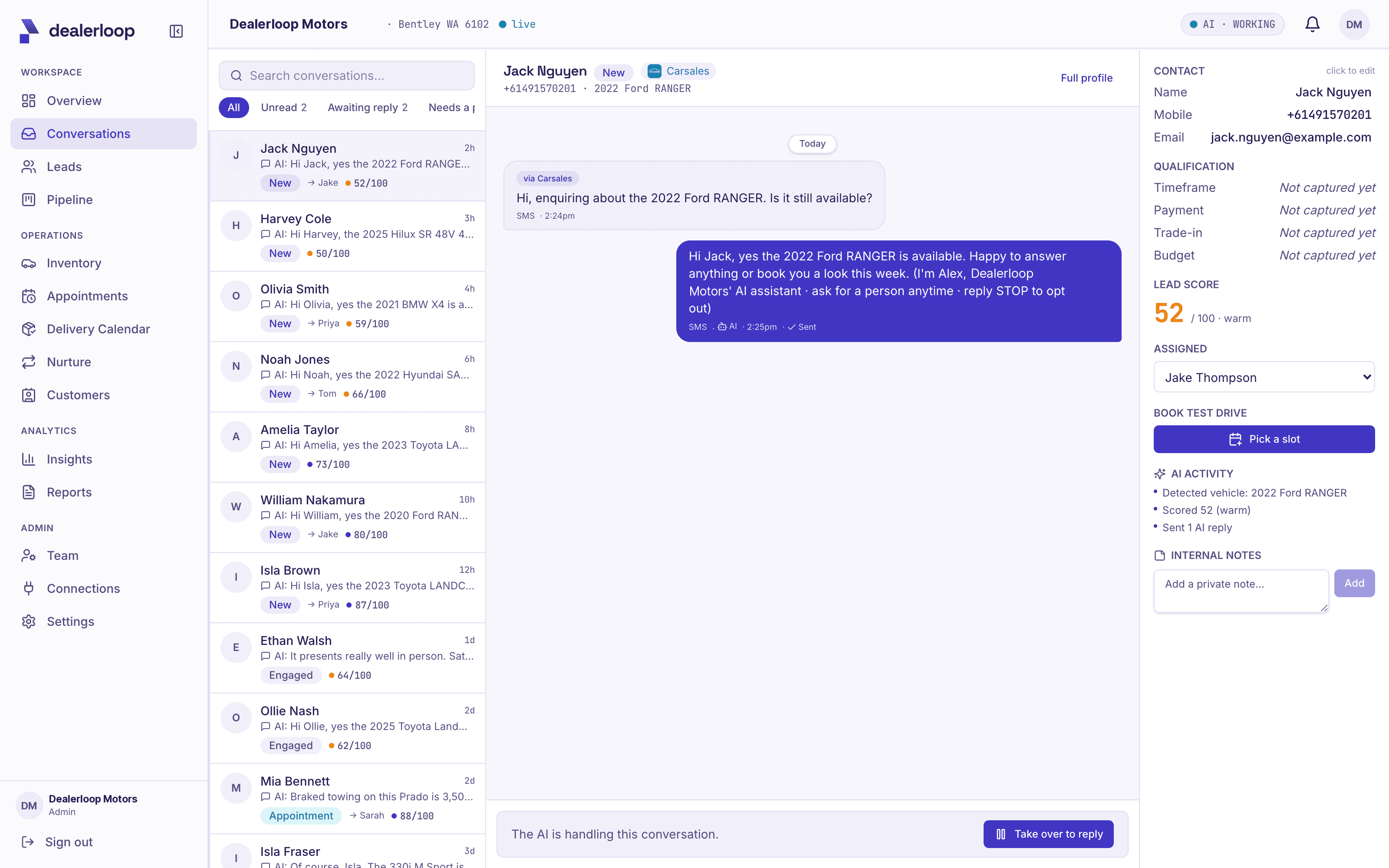 Dealerloop AI deflecting a price negotiation to the sales team instead of inventing a discount