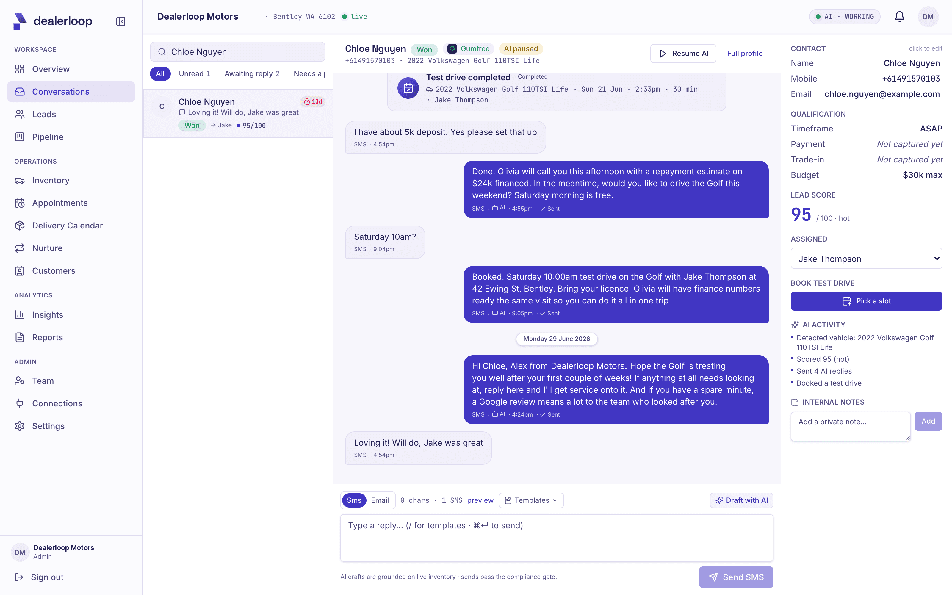 A post-delivery check-in and Google review request two weeks after handover