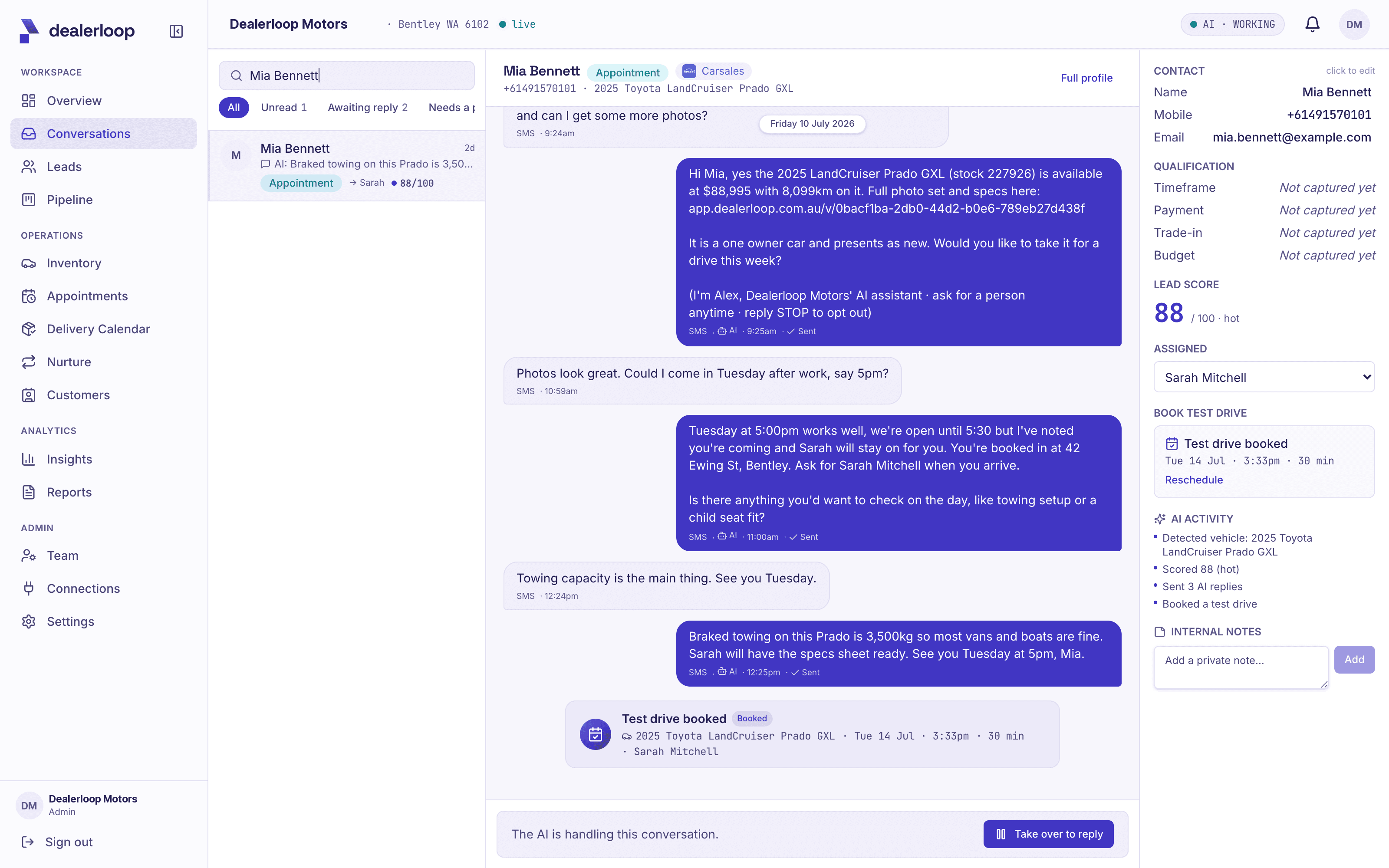 A Dealerloop conversation thread with instant AI replies grounded in the dealership's stock