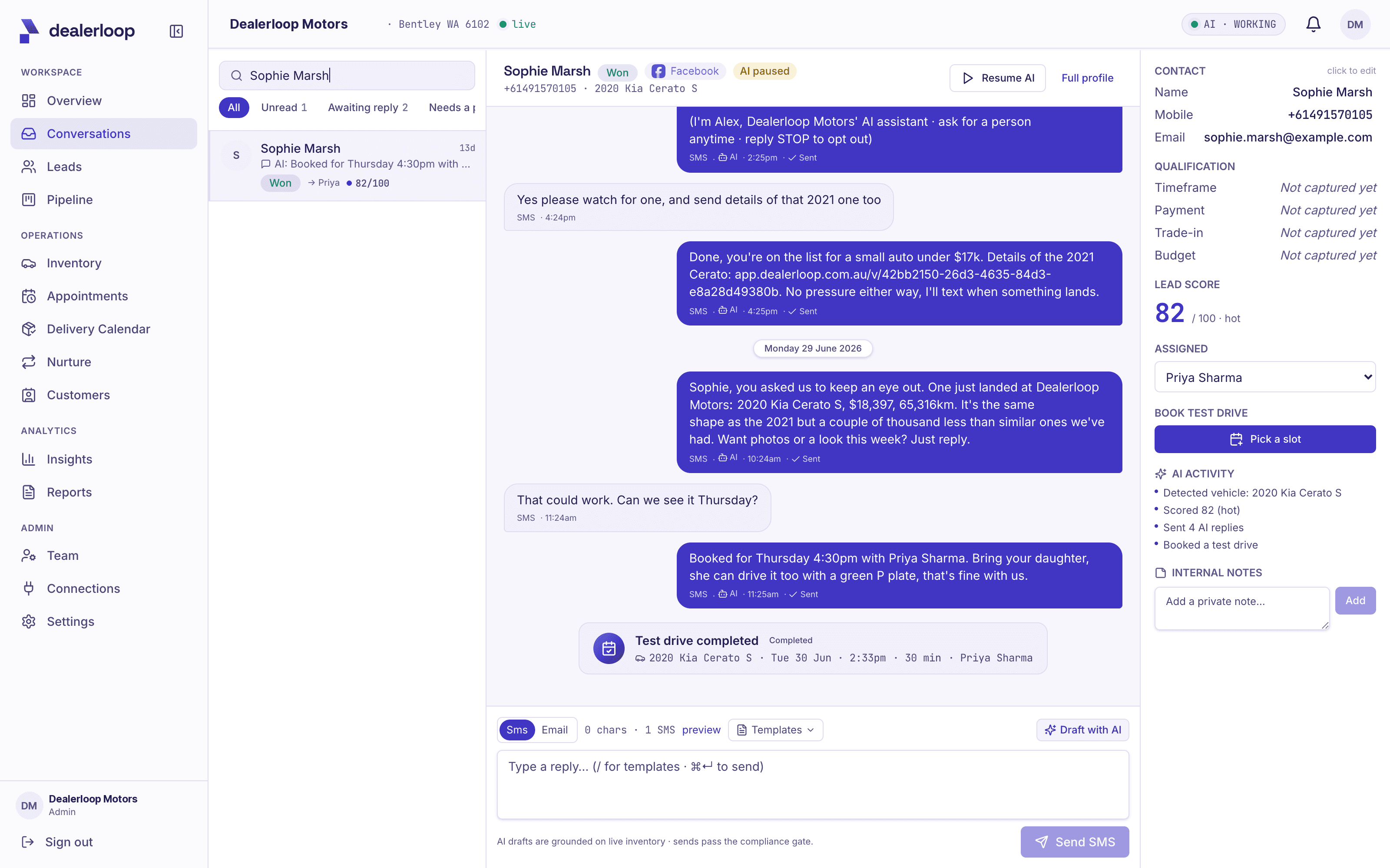 The waitlist in action: a customer's criteria captured in conversation and matched to an arriving vehicle