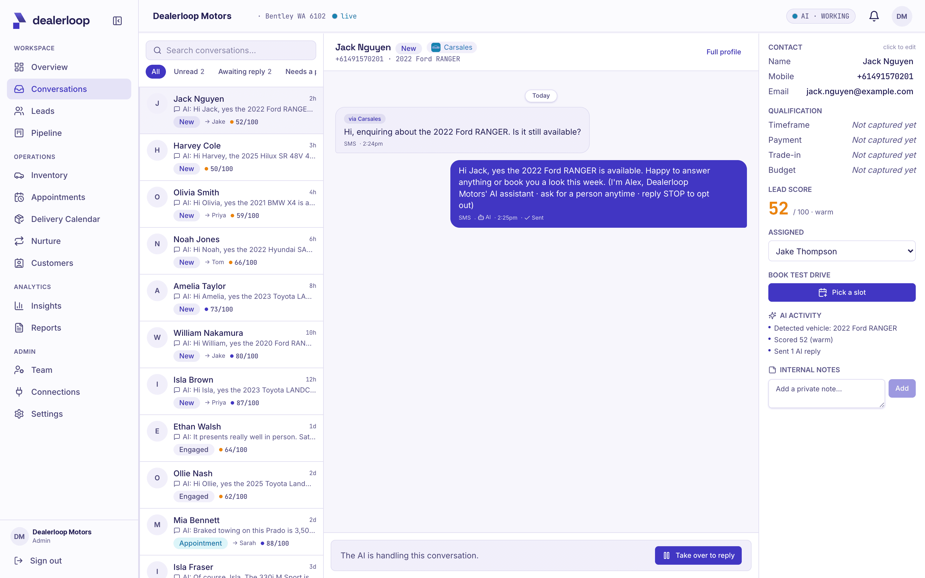 A friendly follow-up message after a missed test drive appointment, with the customer re-booking
