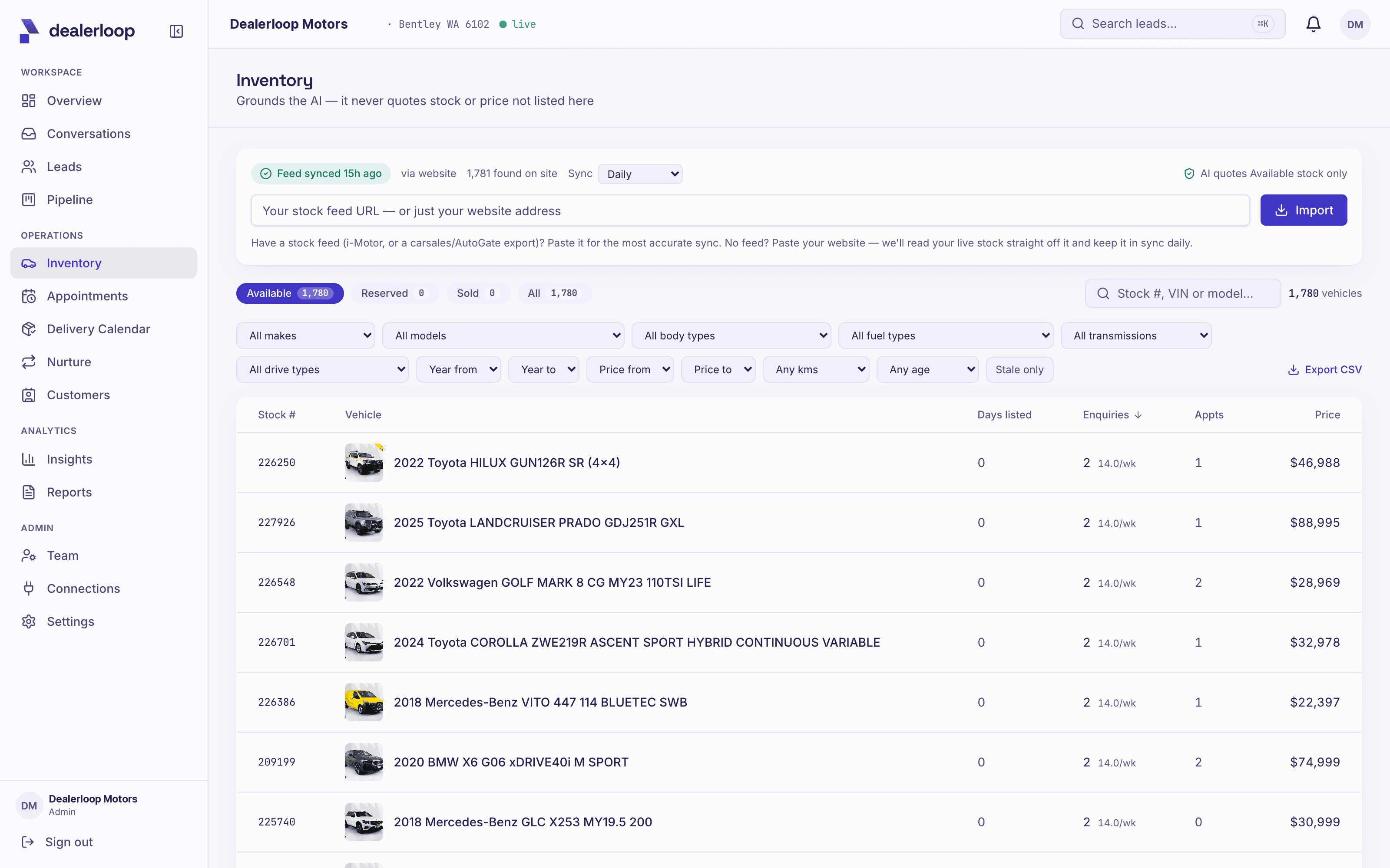 Inventory filtering by make, body, price and more across a large stock list