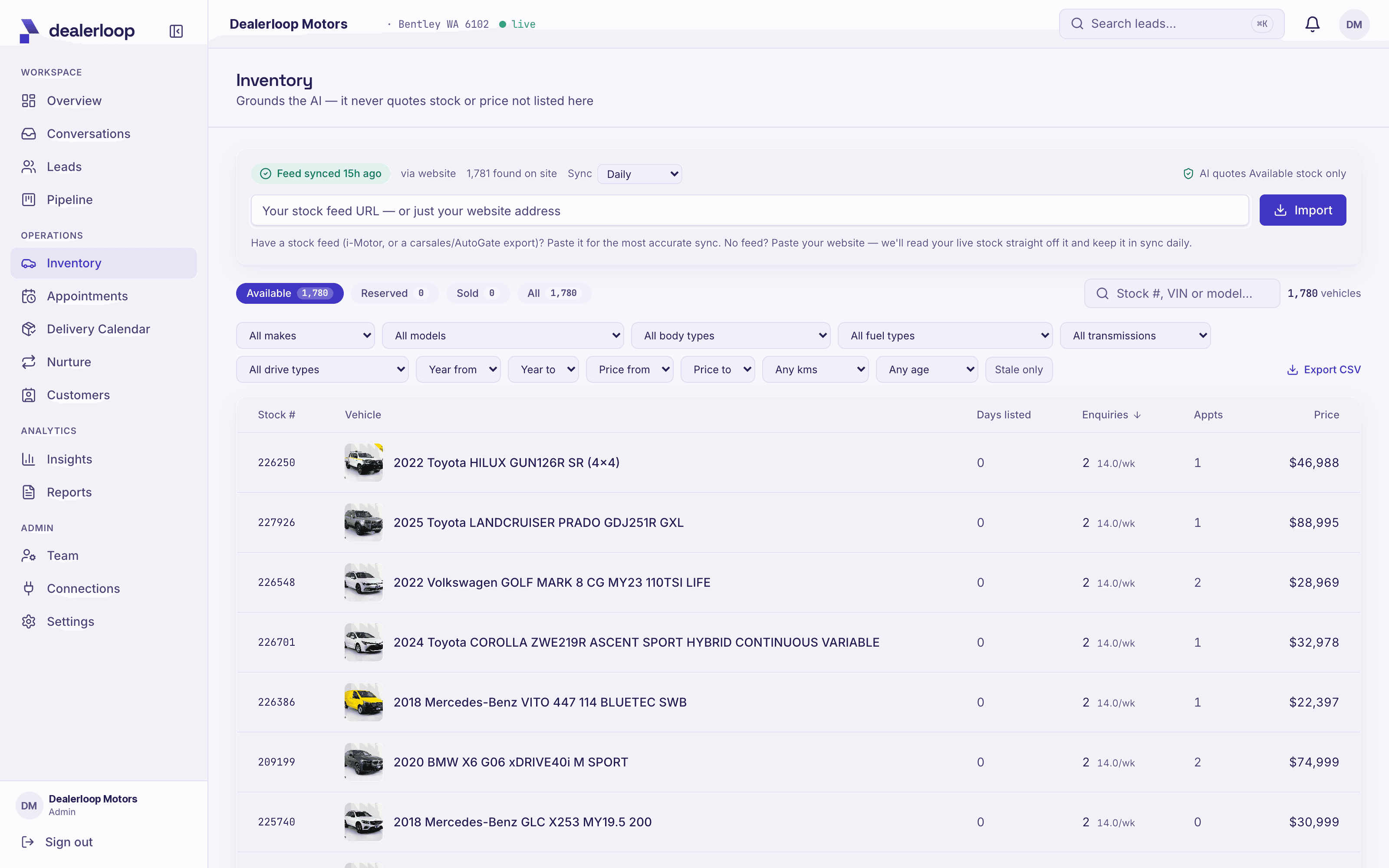 A large dealership inventory in Dealerloop with 1,700+ vehicles, filtered and searchable