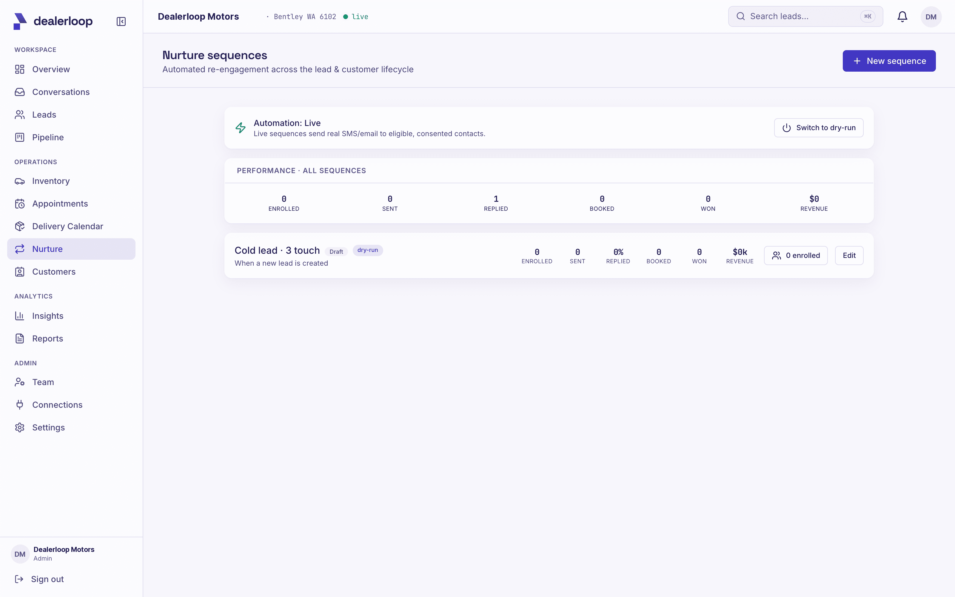 A multi-step nurture sequence with per-step timing and AI guidance