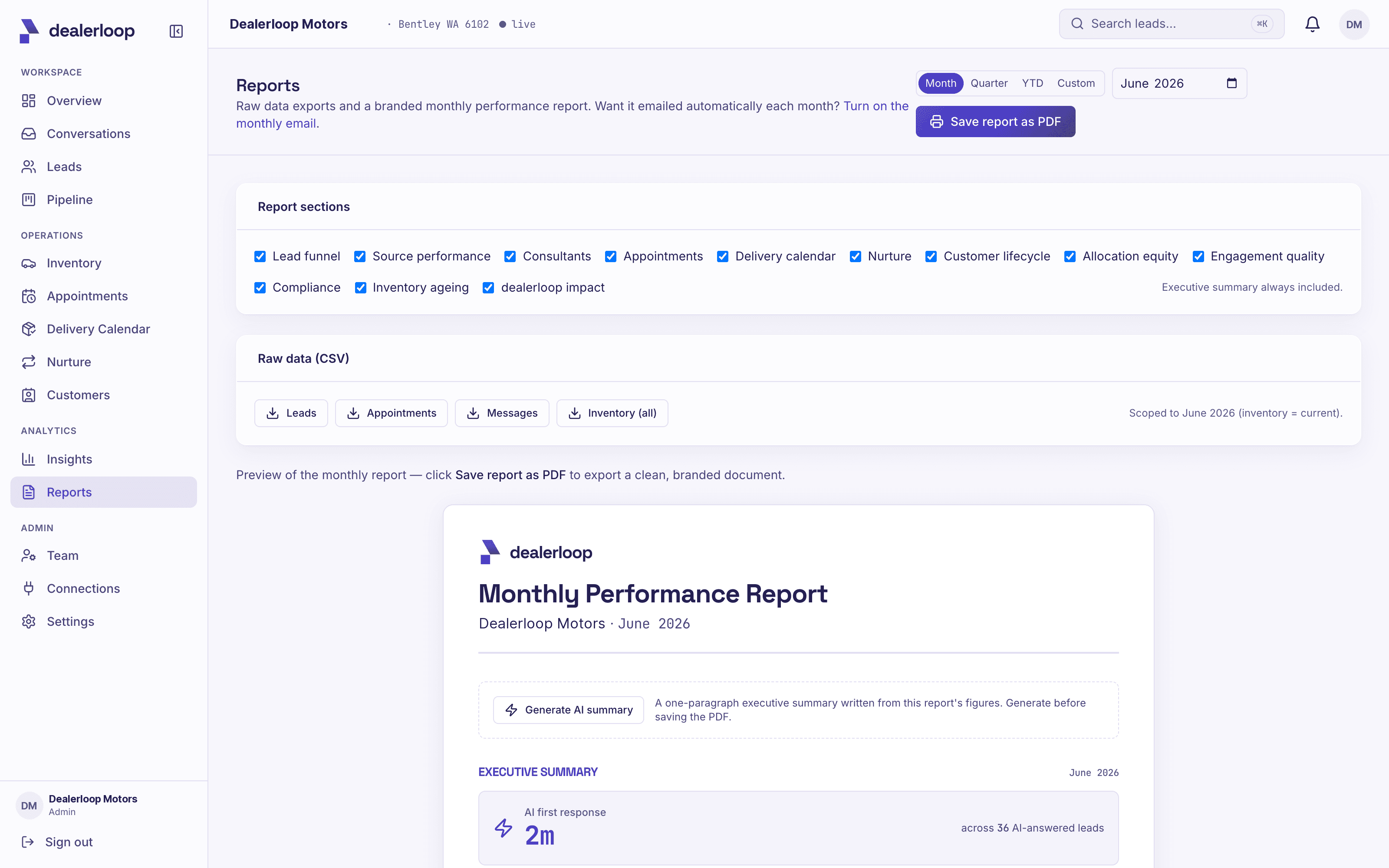 A monthly report with lead sources, response speed, wins and revenue