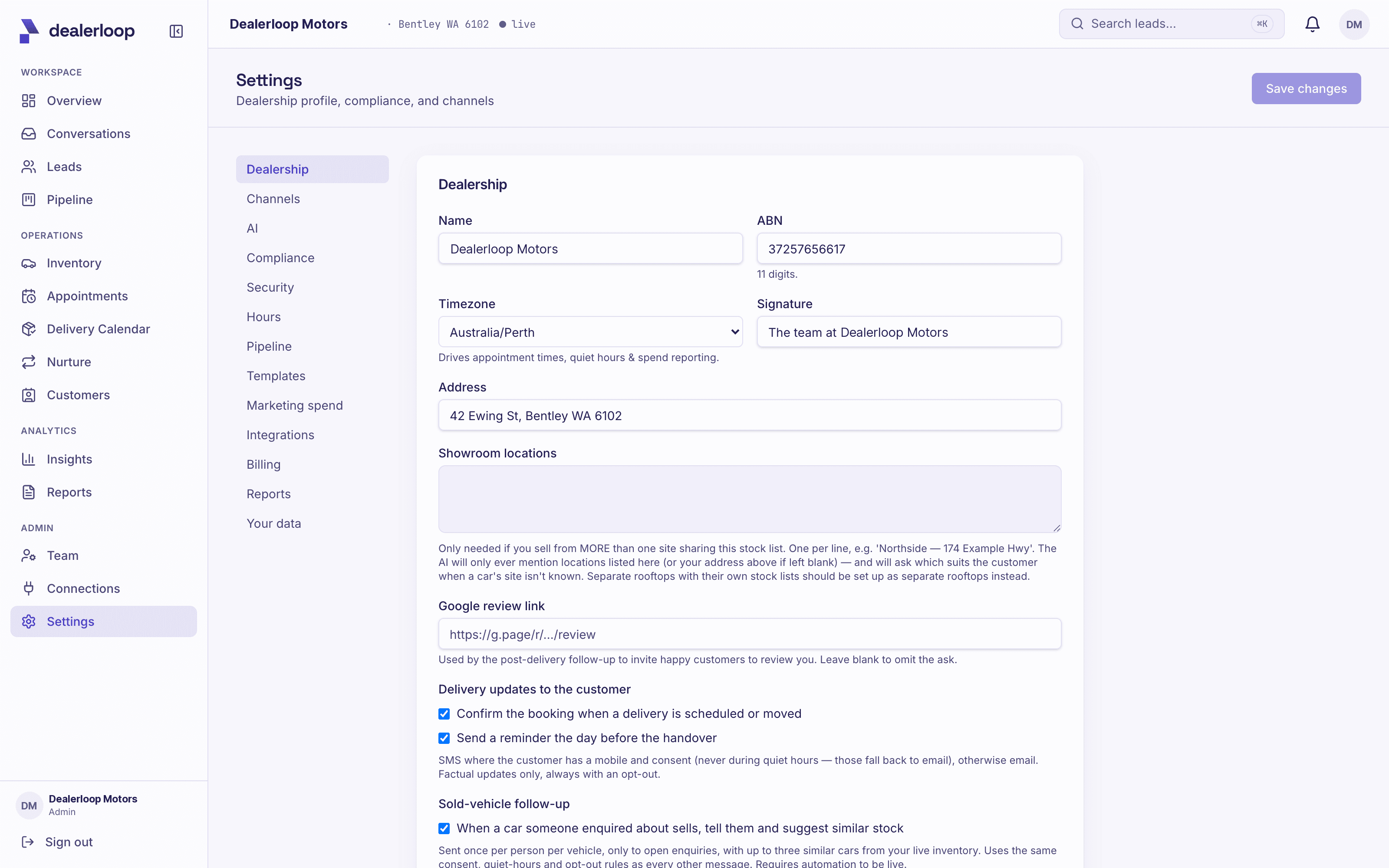 AI settings showing the named assistant, voice register and disclosure options
