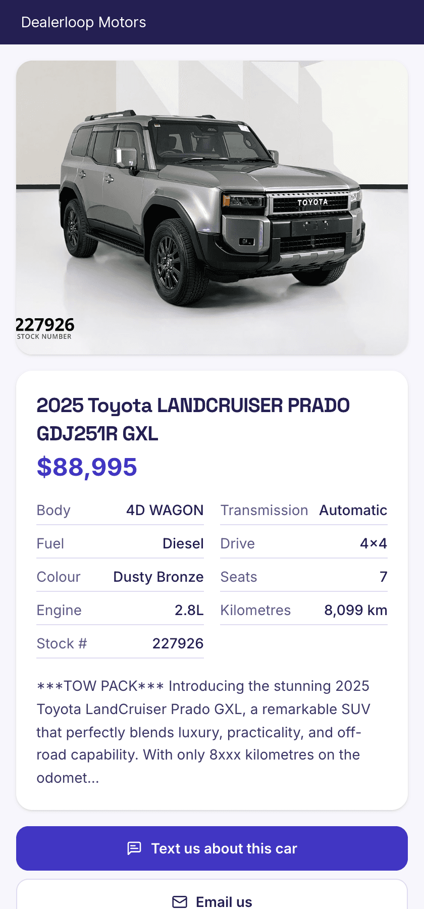A hosted vehicle page with photo gallery, price and full specifications on a mobile screen